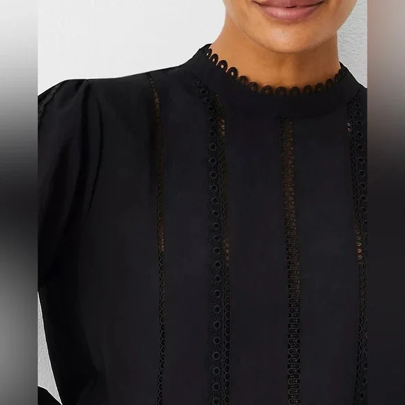 Ann Taylor Tall Eyelet Pintucked Blouse Black Size Small Tall - Picture 4 of 13